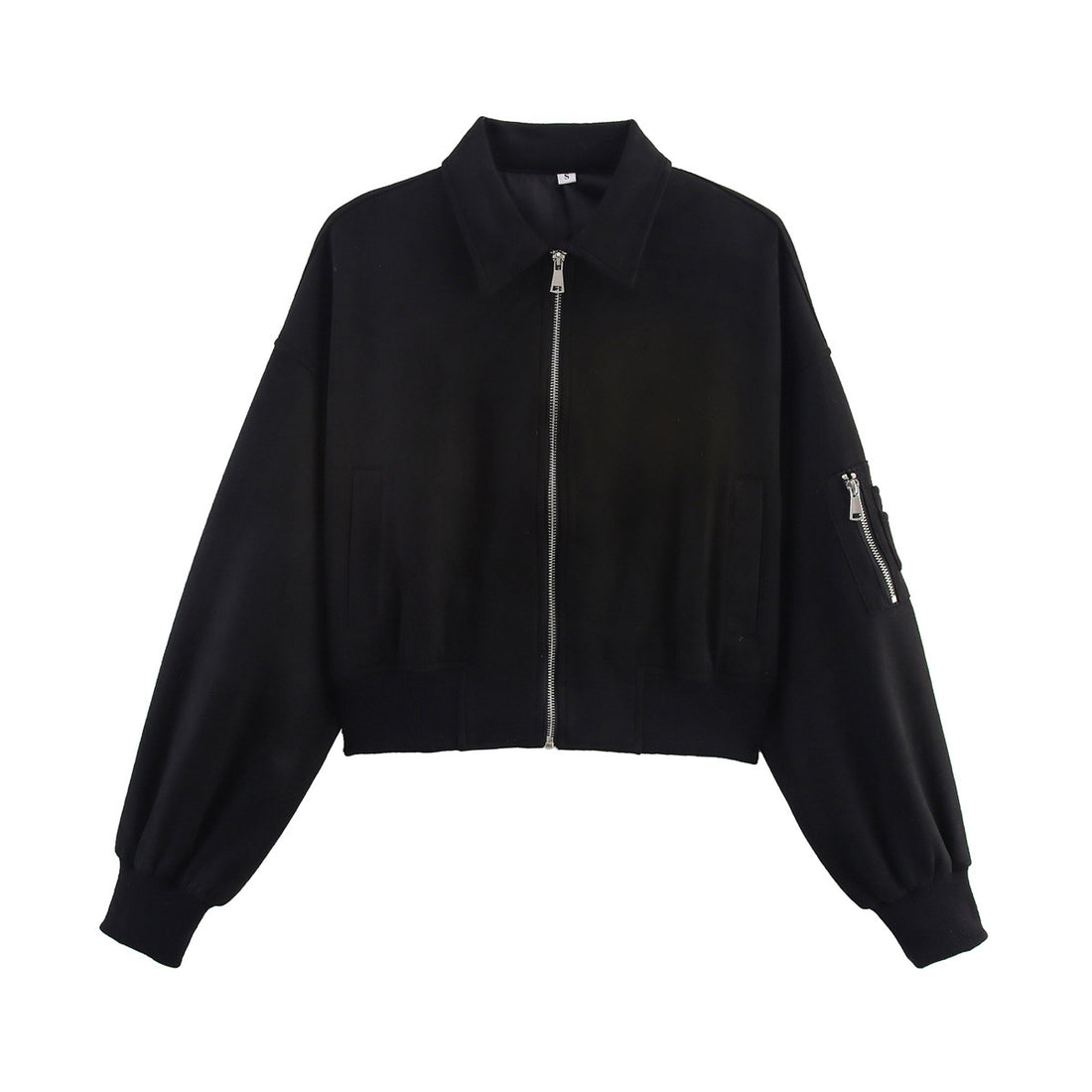 Damen Cropped Bomberjacke in Veloursoptik mit Hemdkragen, Ärmel-Tasche und tailliertem Rippbund Echoarchiv