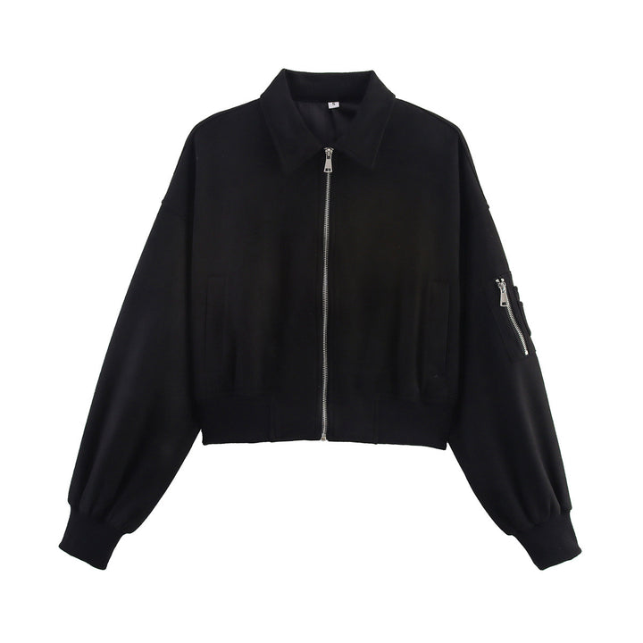 Damen Cropped Bomberjacke in Veloursoptik mit Hemdkragen, Ärmel-Tasche und tailliertem Rippbund Echoarchiv