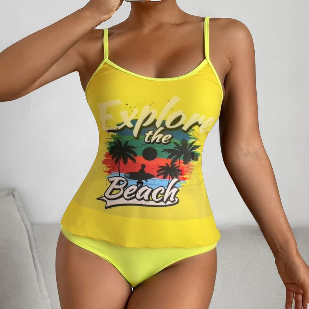 Damen Tankini-Set mit sportlichem Grafikdesign und hoch tailliertem Höschen Echo Archiv