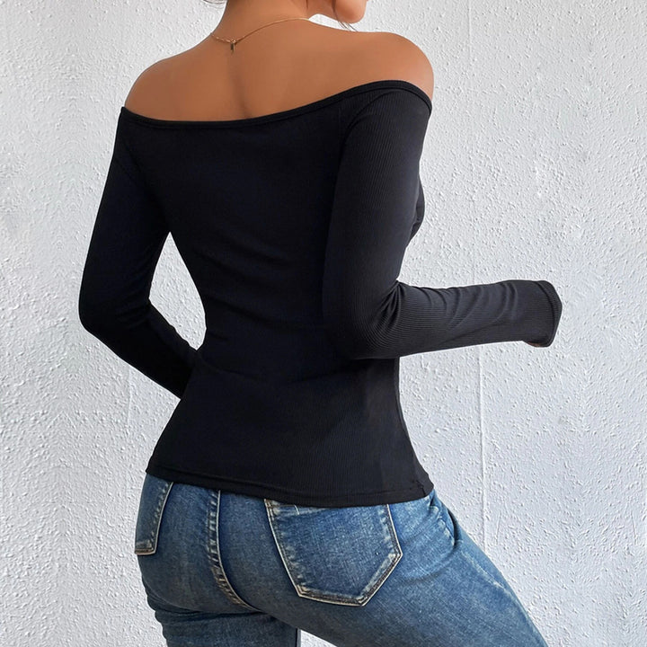 Damen schulterfreies Langarm-Rippstretch-Top mit Wickeloptik und figurbetonter Passform – Avérine