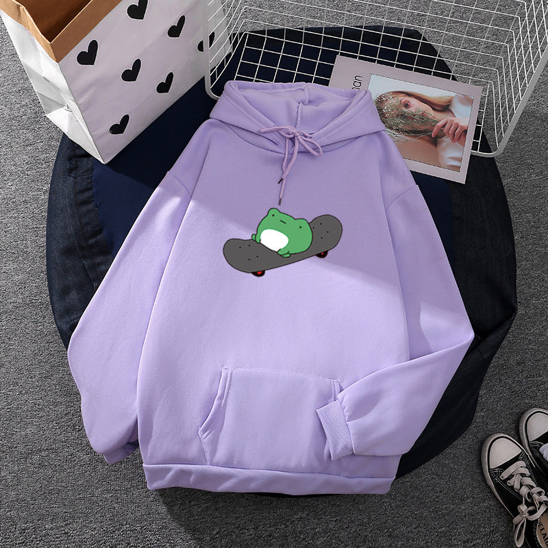 Unisex Kapuzenpullover mit Skater-Frosch-Print, weichem Fleece-Innenfutter und Kängurutasche – Auréline