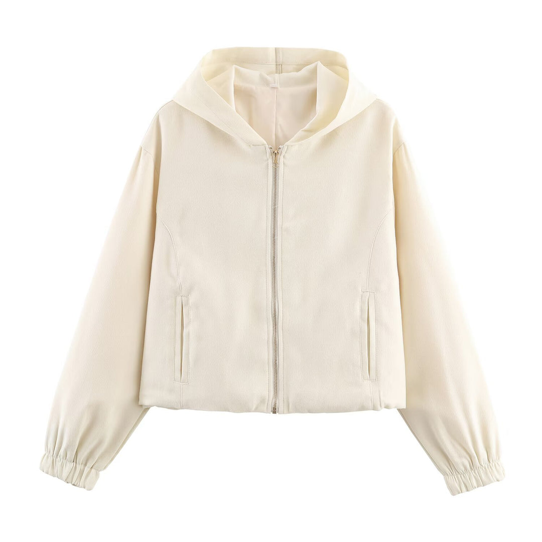Damen Boxy-Kapuzenjacke aus Veloursoptik mit durchgehendem Reißverschluss und Gummsaum Echo Archiv