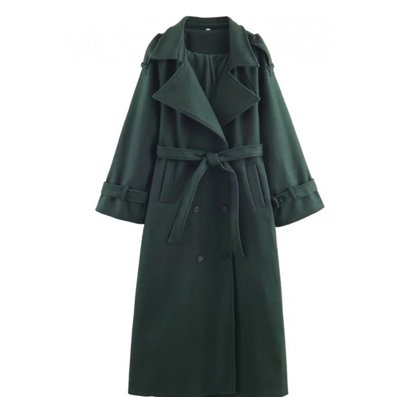 Damen langer doppeltreihiger Wollmix-Trenchcoat mit Gürtel und breitem Revers Echo Archiv