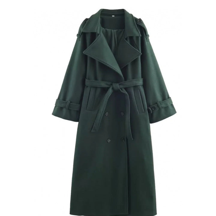 Damen langer doppeltreihiger Wollmix-Trenchcoat mit Gürtel und breitem Revers Echo Archiv