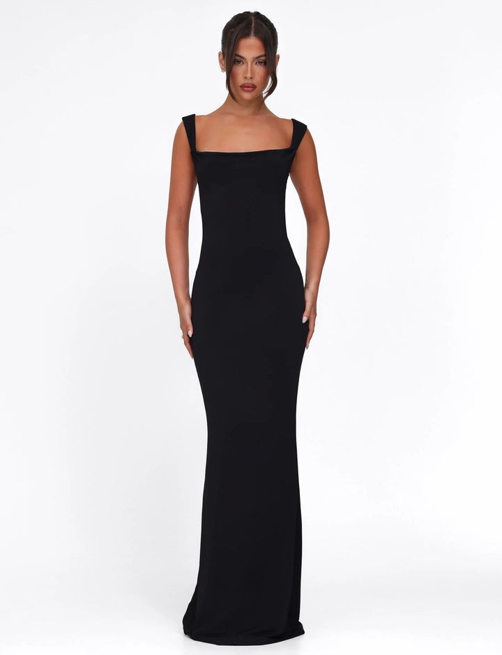 Damen nan körperbetontes Abendkleid mit quadratischem Ausschnitt und breiten Trägern Echo Archiv