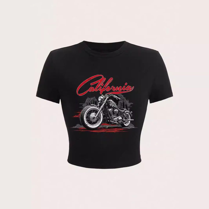 Damen Kurzarm T-Shirt mit auffälligem Motorrad-Design Echo Archiv