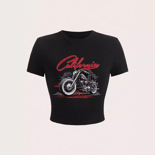 Damen Kurzarm T-Shirt mit auffälligem Motorrad-Design Echo Archiv