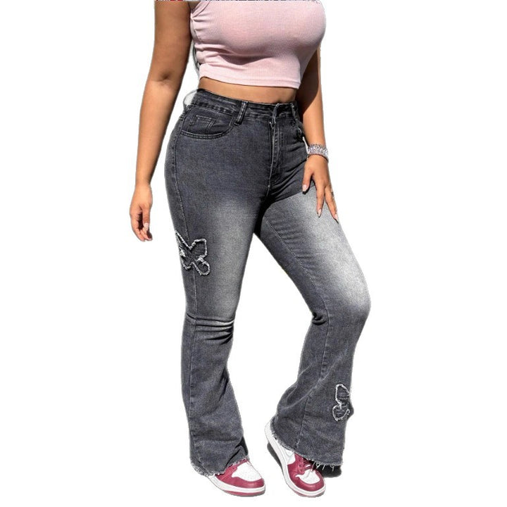 Damen Hochtaillierte Flared-Jeans mit Schmetterlingsstickerei, rohem Saum und sculptendem Stretchbund Echo Archiv