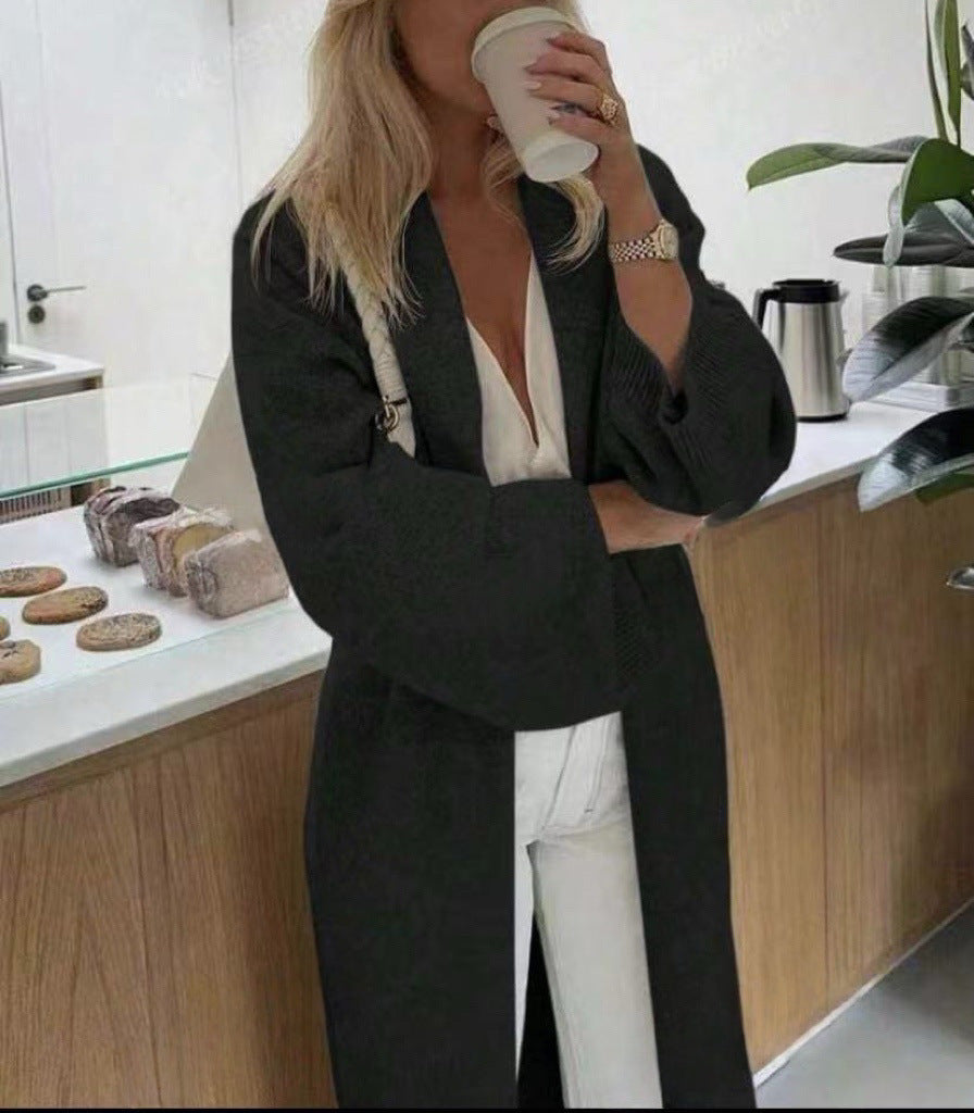 Damen Langer offener Strickmantel-Cardigan mit schulterfreiem Oversize-Schnitt und Kaschmir-Touch – Veloura