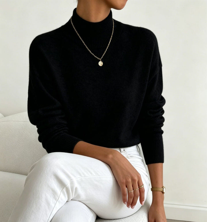 Damen kuscheliger Feinstrickpullover mit Stehkragen und überschnittener Schulter – Mavelle