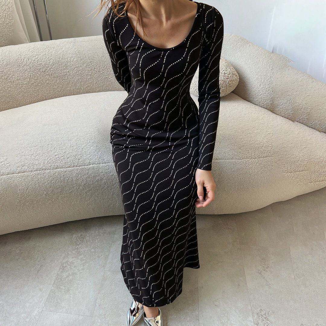 Damen nan langärmeliges Bodycon-Mermaid-Abendkleid mit Wellen-Strassbesatz Echo Archiv