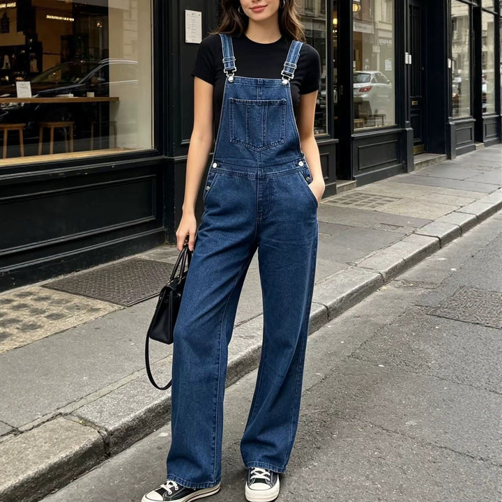 Damen nan weite Denim-Latzhose mit hoher Taille, verstellbaren Trägern und lässigem Schlag Echo Archiv
