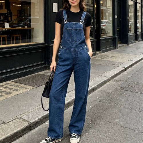 Damen nan weite Denim-Latzhose mit hoher Taille, verstellbaren Trägern und lässigem Schlag Echo Archiv
