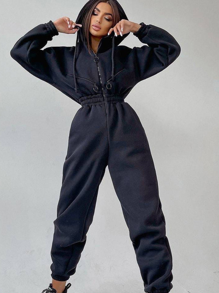 Damen Taillierter Kapuzen-Sweat-Jumpsuit mit Reißverschluss und elastischem Taillenbund – Solévia