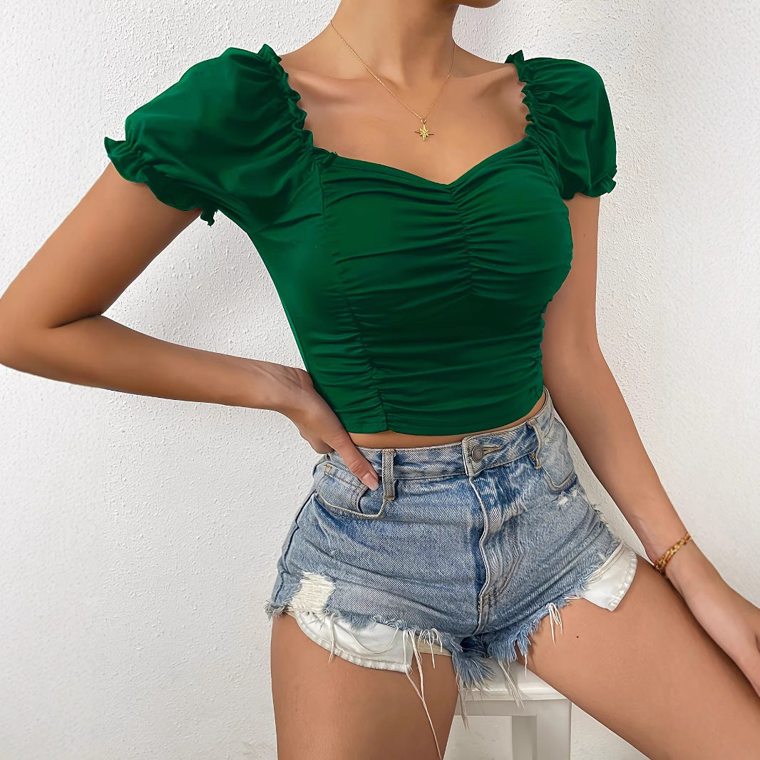 Damen figurbetontes Crop-Top mit Puffärmeln und Raffung Echo Archiv