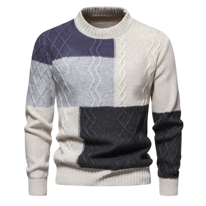 Herren Strickpullover mit modernem Zopfmuster und buntem Blockdesign Echoarchiv