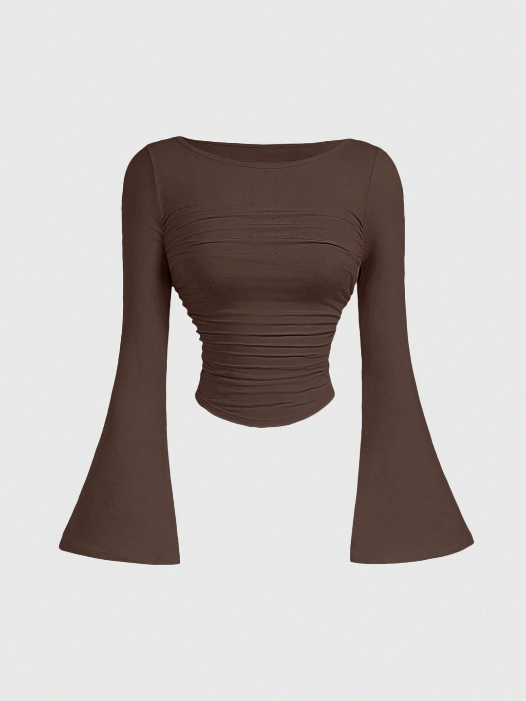 Damen Figurbetontes Langarmshirt mit Carmenausschnitt, gerafftem Rumpf und Trompetenärmeln – Avérine