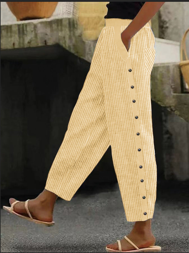 Damen Culotte-Hosen mit hohem elastischem Bund, seitlichem Knopfverschluss und Taschen – Avélisse