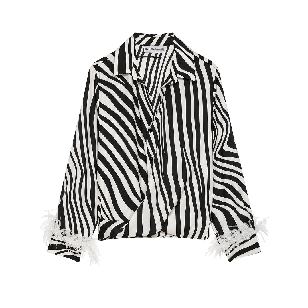 Damen Gestreifte Cropped-Bluse im Hemdstyle mit Federbesatz Echoarchiv