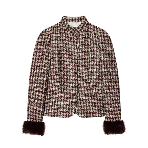 Damen Kurze Bouclé-Tweed-Jacke mit Stehkragen und Kunstfellmanschetten Echoarchiv