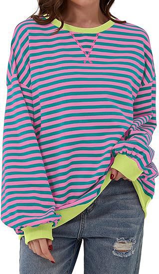 Damen Lässiges Oversize-Streifen-Sweatshirt mit Raglanärmeln und Kontrastbündchen – Mavelle