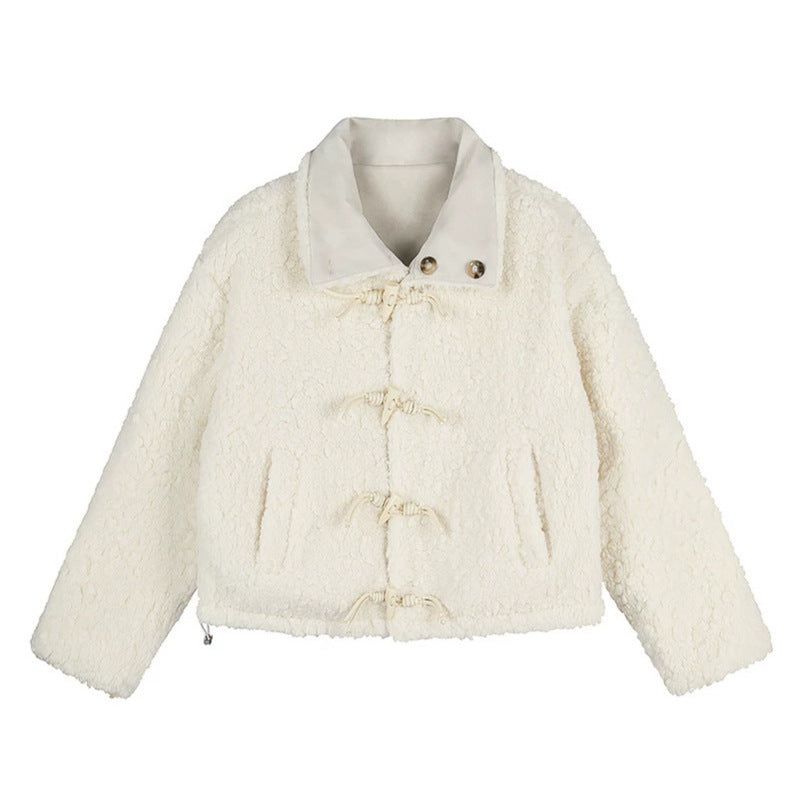Damen Kurzgeschnittene Lammfell‑Optik Fliegerjacke mit Teddyfutter und Reverskragen Echoarchiv