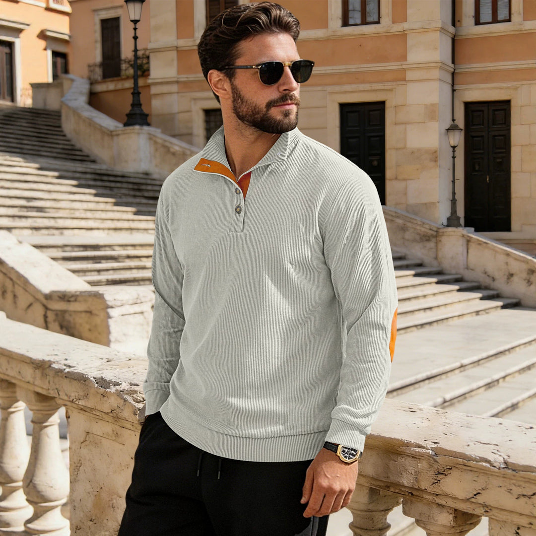 Herren nan fein gerippter Strickpullover mit Polokragen Knopfleiste und Ellenbogenbesatz Echo Archiv