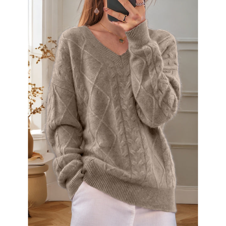 Damen nan kuscheliger V-Ausschnitt Zopfmuster-Pullover mit Oversize-Schnitt und Rippabschlüssen Echo Archiv