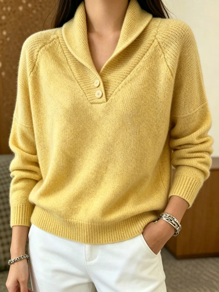 Damen Weicher Schalkragen‑Pullover mit halber Knopfleiste und Raglanärmeln – Mavelle