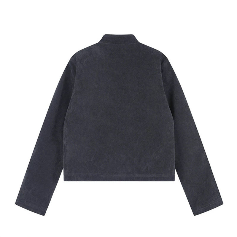 Damen Kurzjacke aus Veloursleder im militärischen Stil mit Stehkragen und Zierriegeln Echoarchiv
