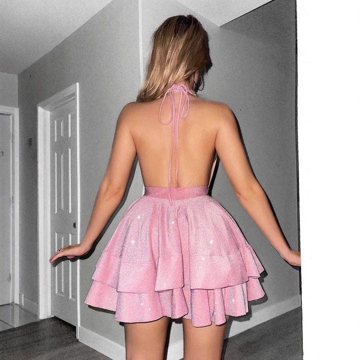 Damen Verspielt Glamouröses Minikleid mit tiefem V-Ausschnitt und schwingendem Rock Echo Archiv