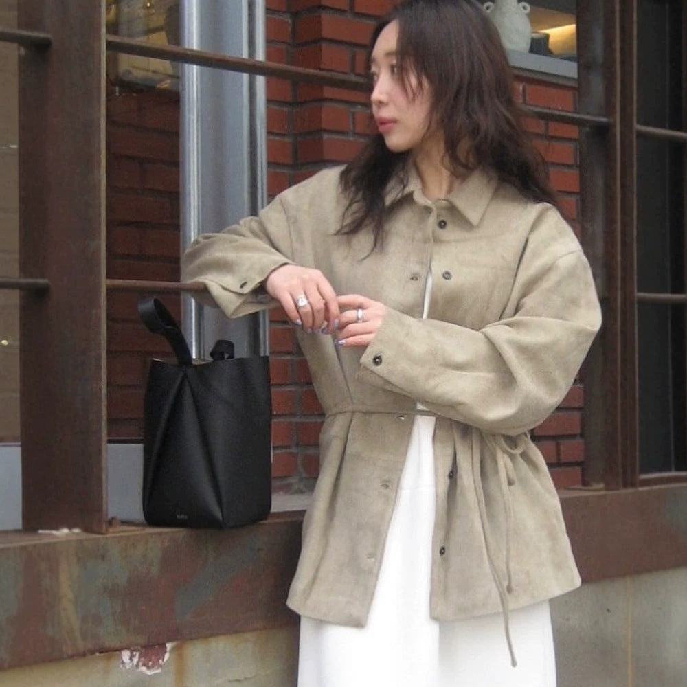 Damen Oversize Velourslederoptik-Utility-Jacke mit Tunnelzugtaillierung Echoarchiv