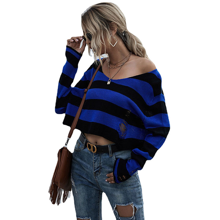 Damen Lässiger Crop-Pullover mit Streifen und Destroyed-Details Echo Archiv