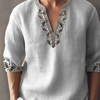 Herren Leinenbluse mit extravagantem Blumenmuster und eleganten Knopfdetails Echoarchiv