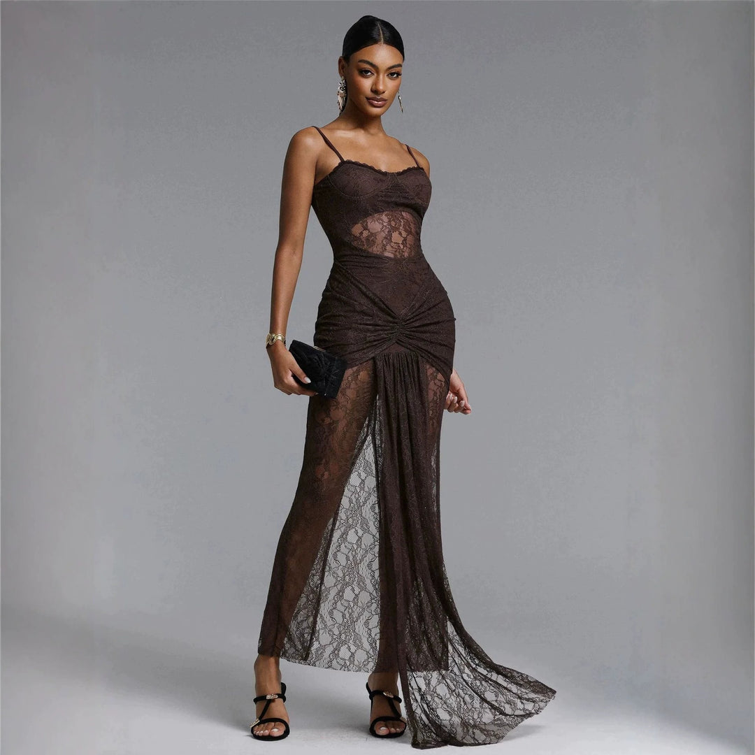 Damen Elegantes Spitzenmaxikleid mit raffinierter Drapierung Echo Archiv