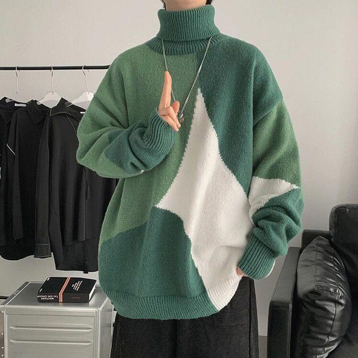 Herren Grobstrickpullover mit hohem Kragen und modernen Farbblocks Echoarchiv