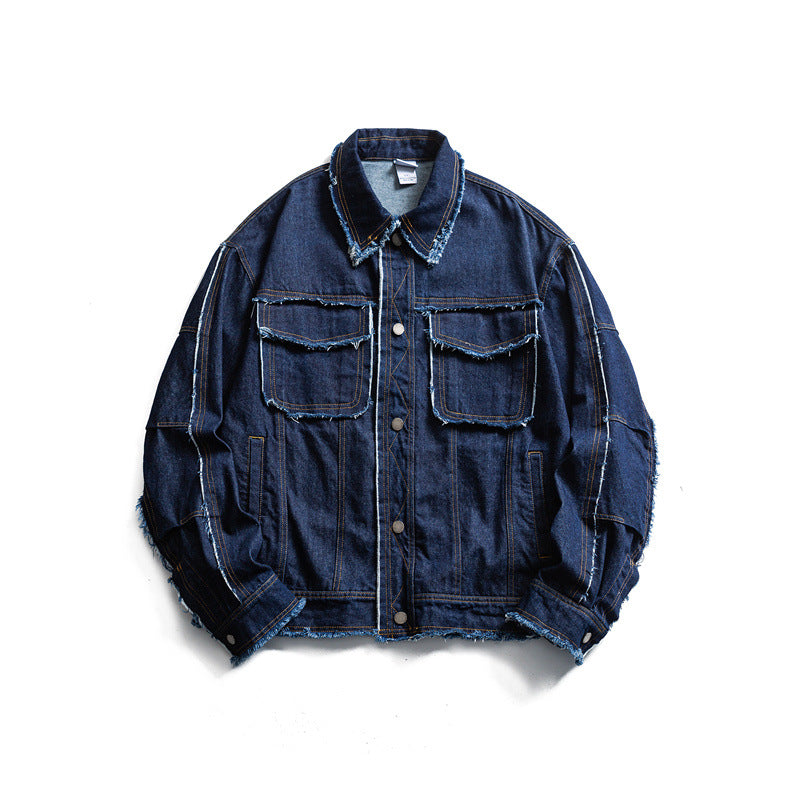 Herren Oversize Jeansjacke mit ausgefransten Kanten und großen Pattenstaschen Echoarchiv