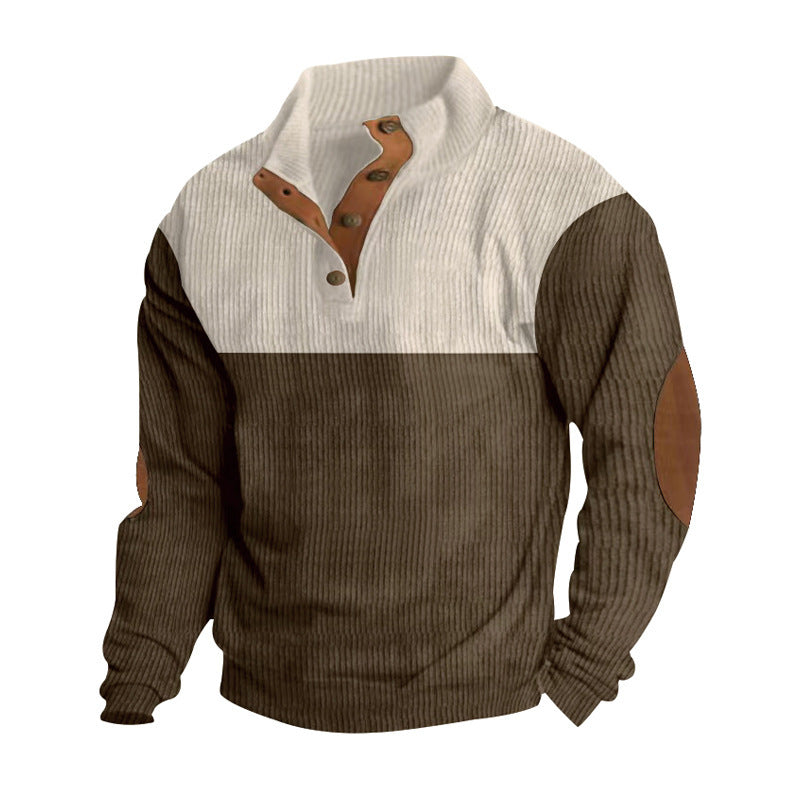 Herren nan gerippter Pullover mit Stehkragen, Knopfleiste und Ellbogen-Patches Echo Archiv