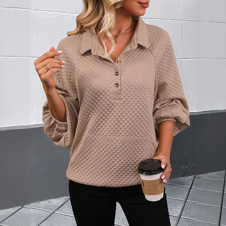 Damen Stepp-Polo-Sweatshirt mit Knopfleiste, Kängurutasche und Balloon-Ärmeln Echoarchiv