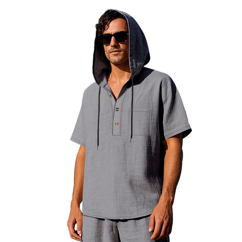 Herren lässiges Kapuzen-T-Shirt mit Knopfleiste und praktischer Brusttasche Echoarchiv