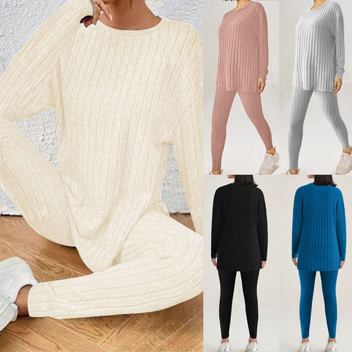 Damen Geripptes Relax‑Zweiteiler aus Feinstrick mit Rundhalsausschnitt und Slim‑Jogger – Élanora