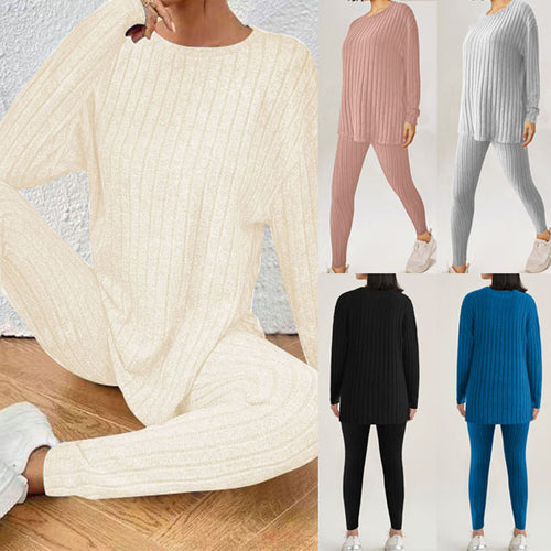Damen Geripptes Relax‑Zweiteiler aus Feinstrick mit Rundhalsausschnitt und Slim‑Jogger – Élanora