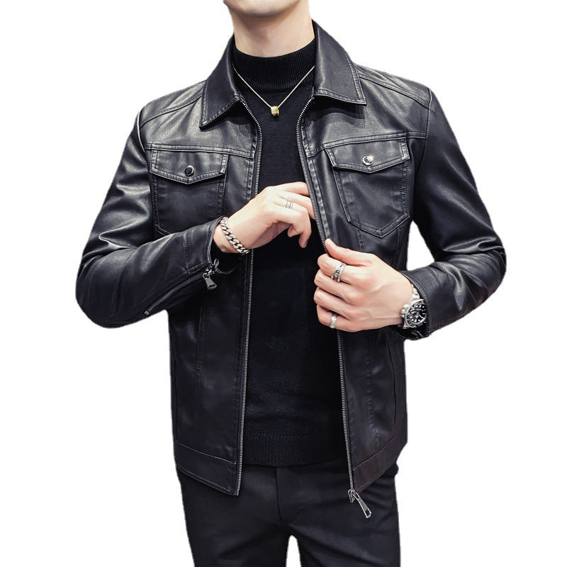 Herren Slim-Fit Kunstleder-Truckerjacke mit Hemdkragen und Brustpattentaschen Echo Archiv