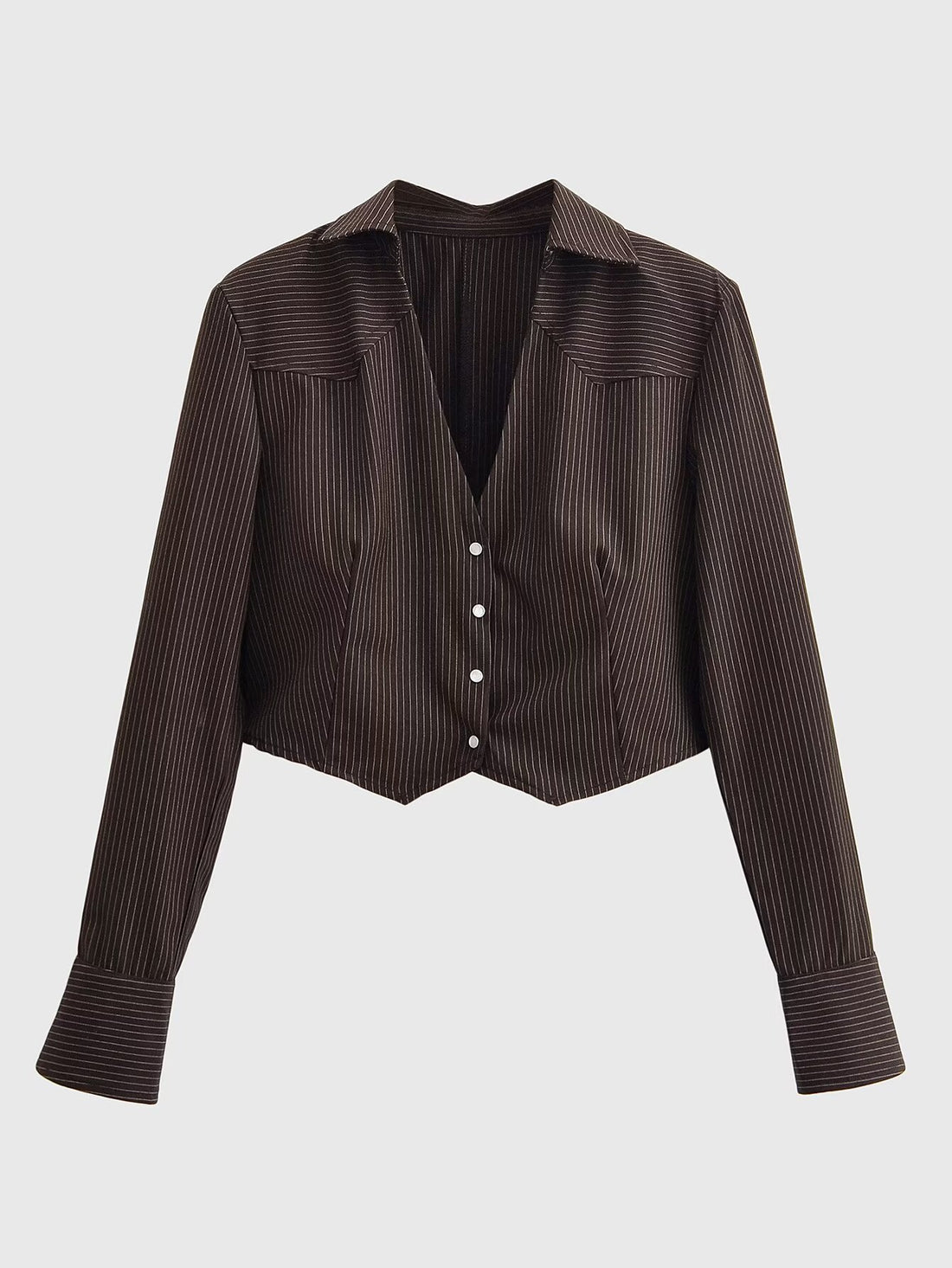 Damen Taillierte Cropped-Hemdbluse im Nadelstreifen mit tiefem V-Ausschnitt Echoarchiv