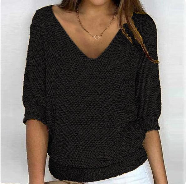 Damen nan lässiger Strickpullover mit V-Ausschnitt und Fledermausärmeln Echo Archiv