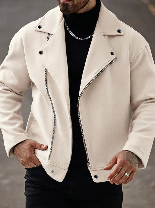 Herren Oversized Bikerjacke aus Wollmix mit asymmetrischem Reißverschluss und Druckknopf-Details – Taviero
