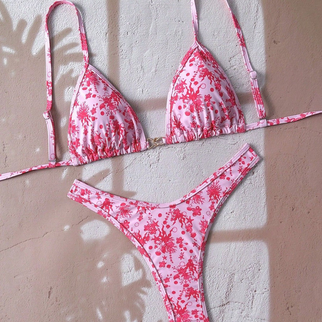 Damen verstellbarer Triangel-Bikini mit floraler Einfassung Echo Archiv