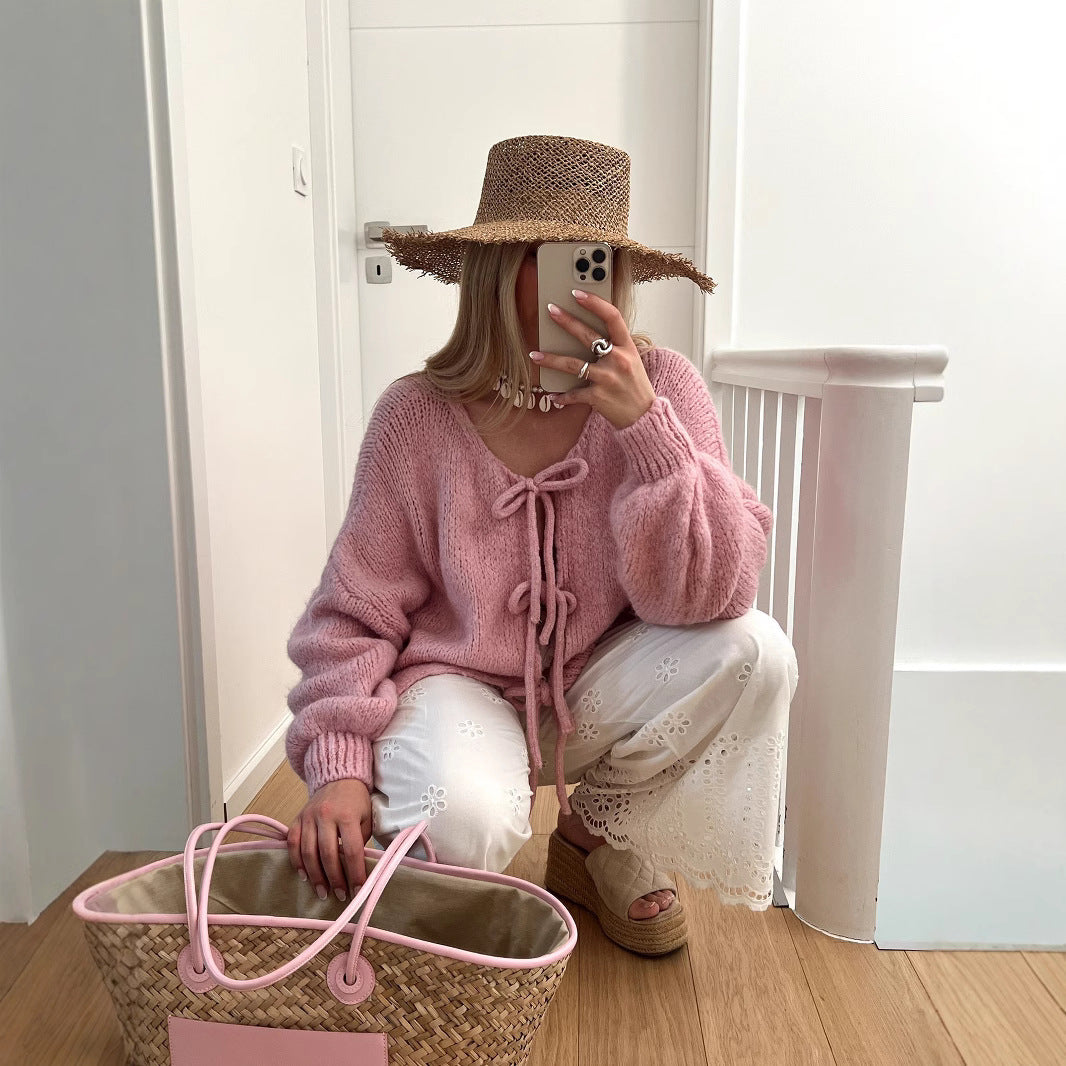 Damen Grobgestrickter Offener Cardigan mit Bindebändern, Oversize‑Silhouette und Raglanärmeln – Veloura