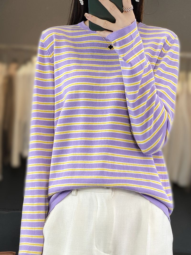 Damen Leichter Baumwollmix-Streifenpullover mit Rundhals, Raglanärmeln und lässiger Silhouette Echoarchiv