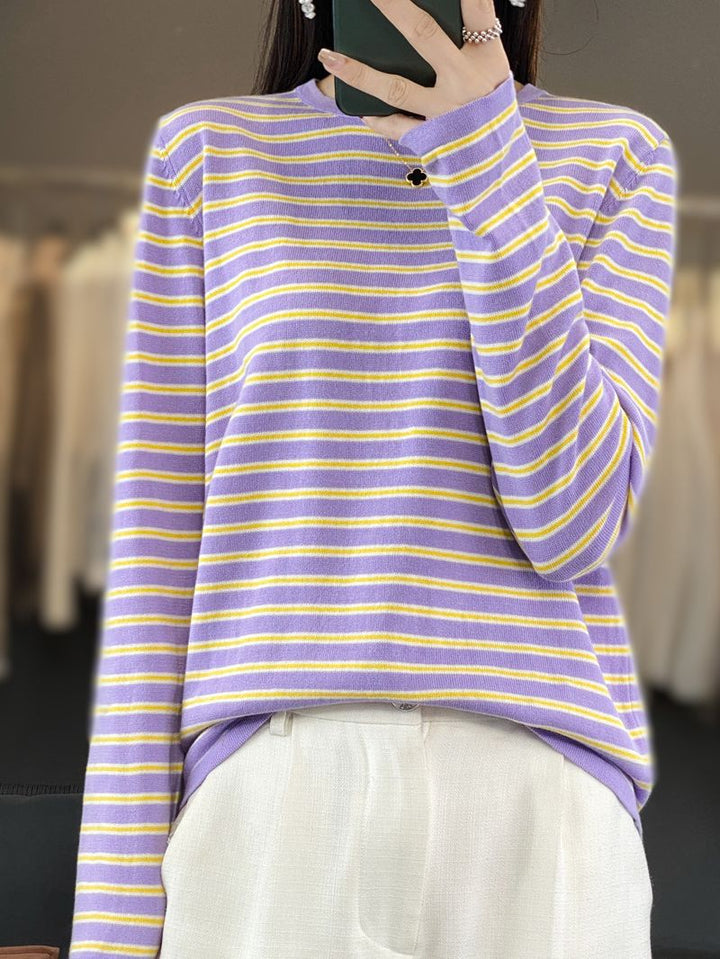 Damen Leichter Baumwollmix-Streifenpullover mit Rundhals, Raglanärmeln und lässiger Silhouette Echoarchiv